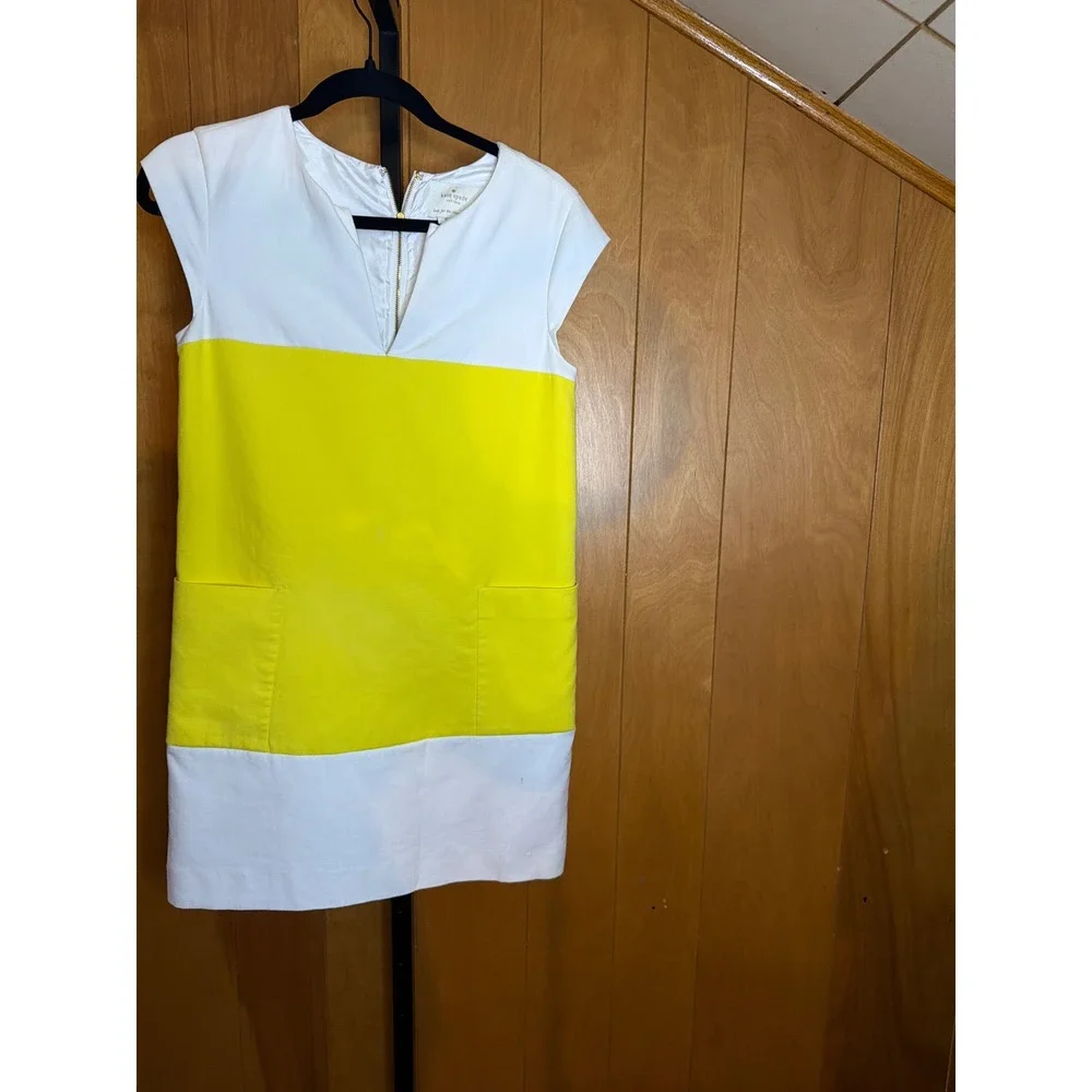 Kate Spade New York Yellow White Colorblock Shift Dress V-Neck Pockets Size 2