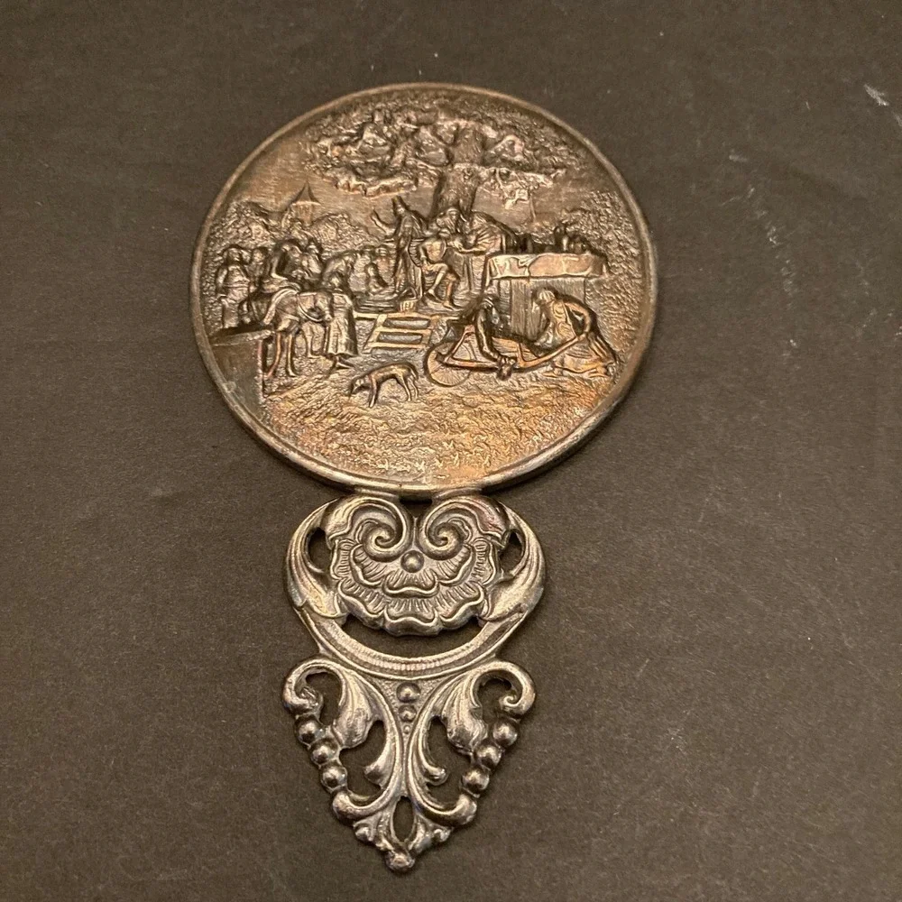 Hans Jensen Denmark Silver Plated Hand Mirror‎ Healer Scene Repousse