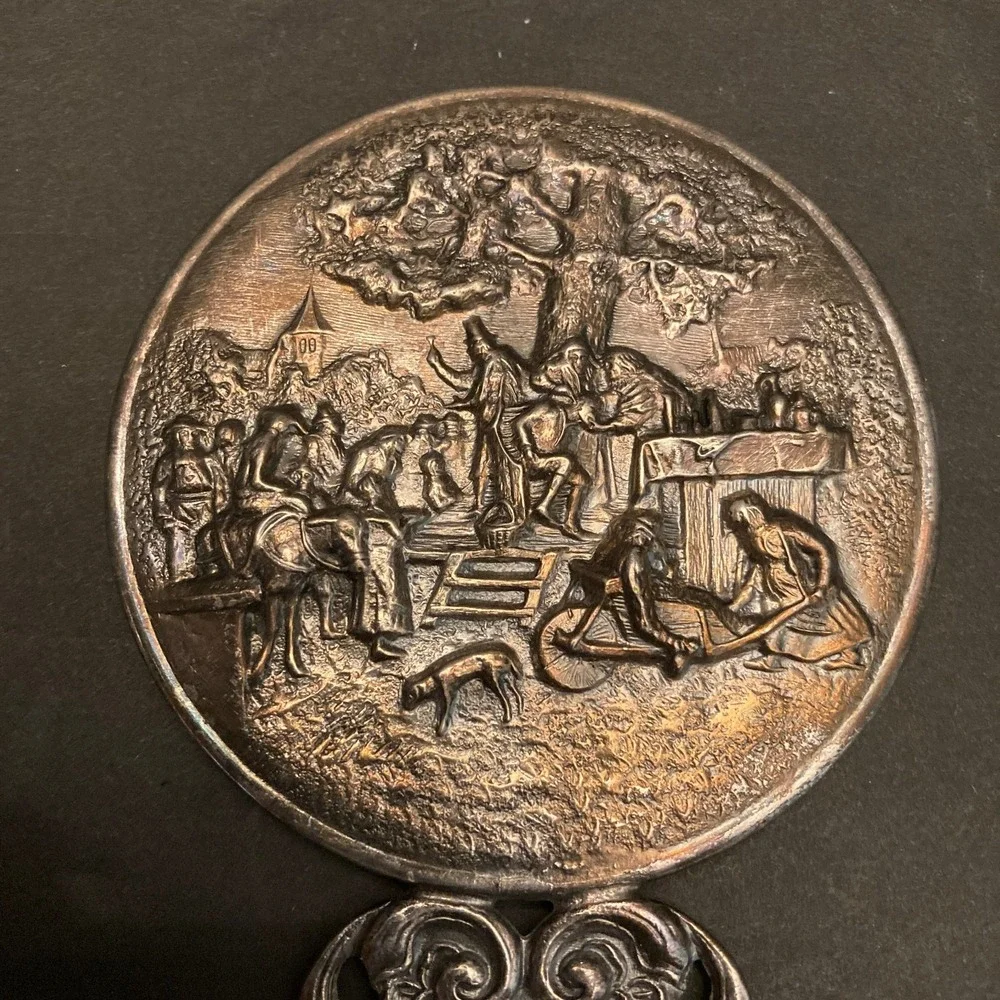Hans Jensen Denmark Silver Plated Hand Mirror‎ Healer Scene Repousse