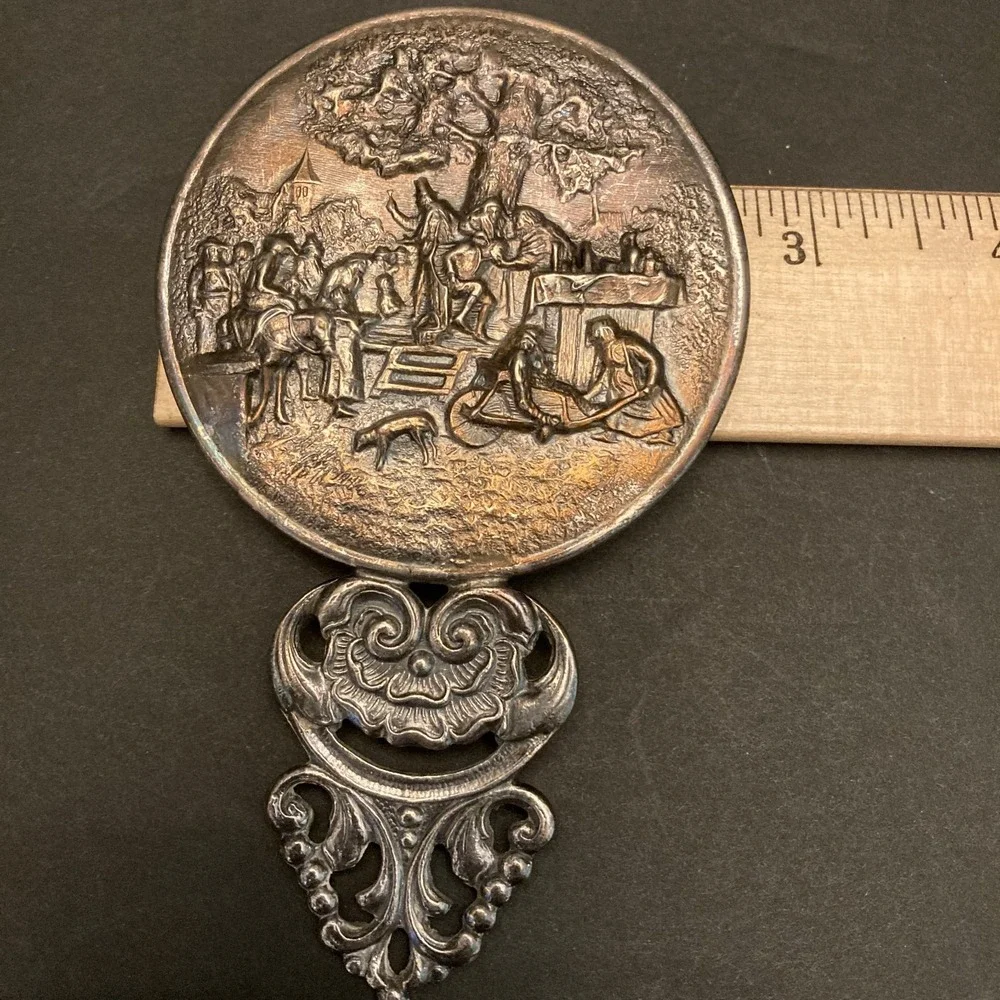 Hans Jensen Denmark Silver Plated Hand Mirror‎ Healer Scene Repousse