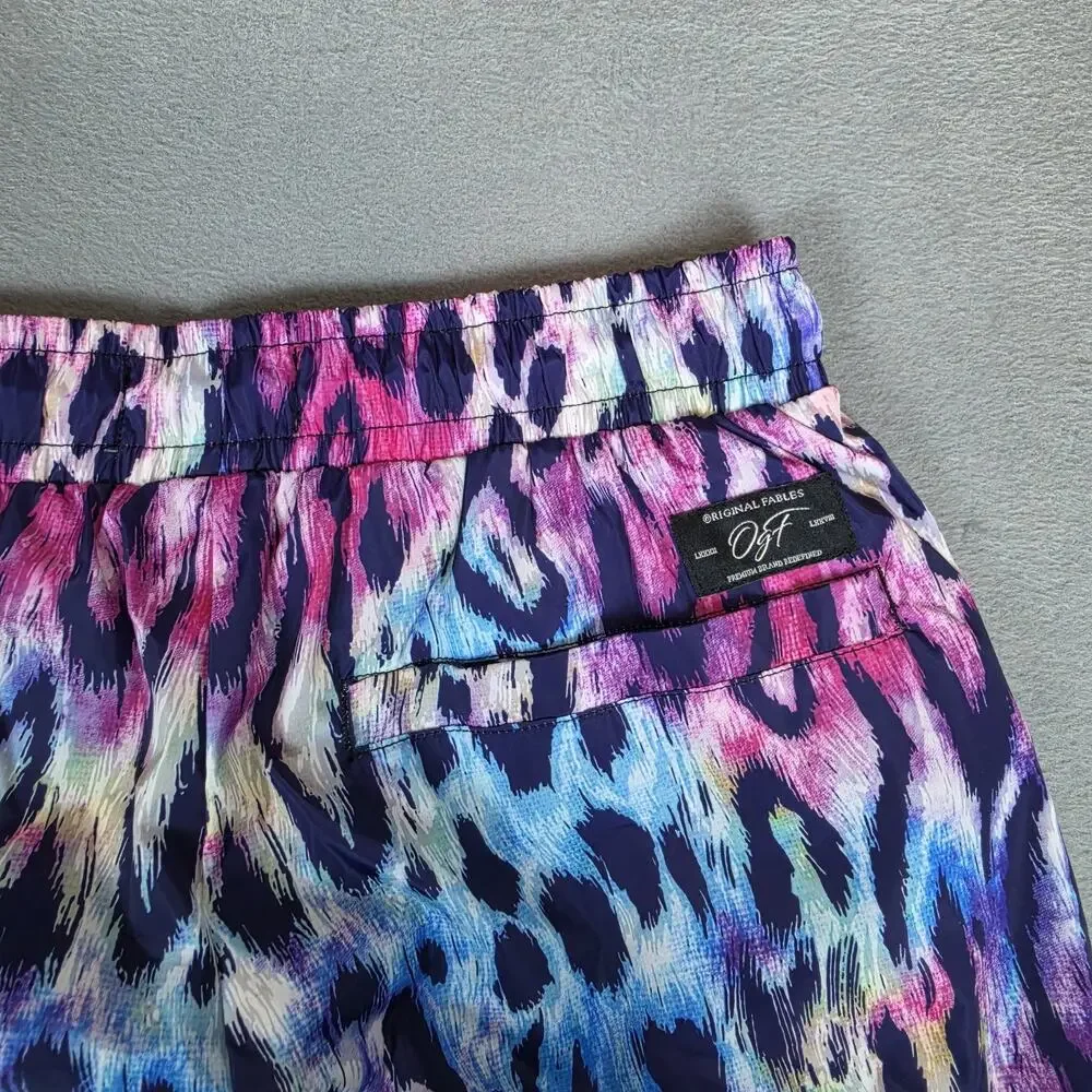 Original Fables Men's Swim Trunks Size Small Purple Blue Pink Leopard Print Shor