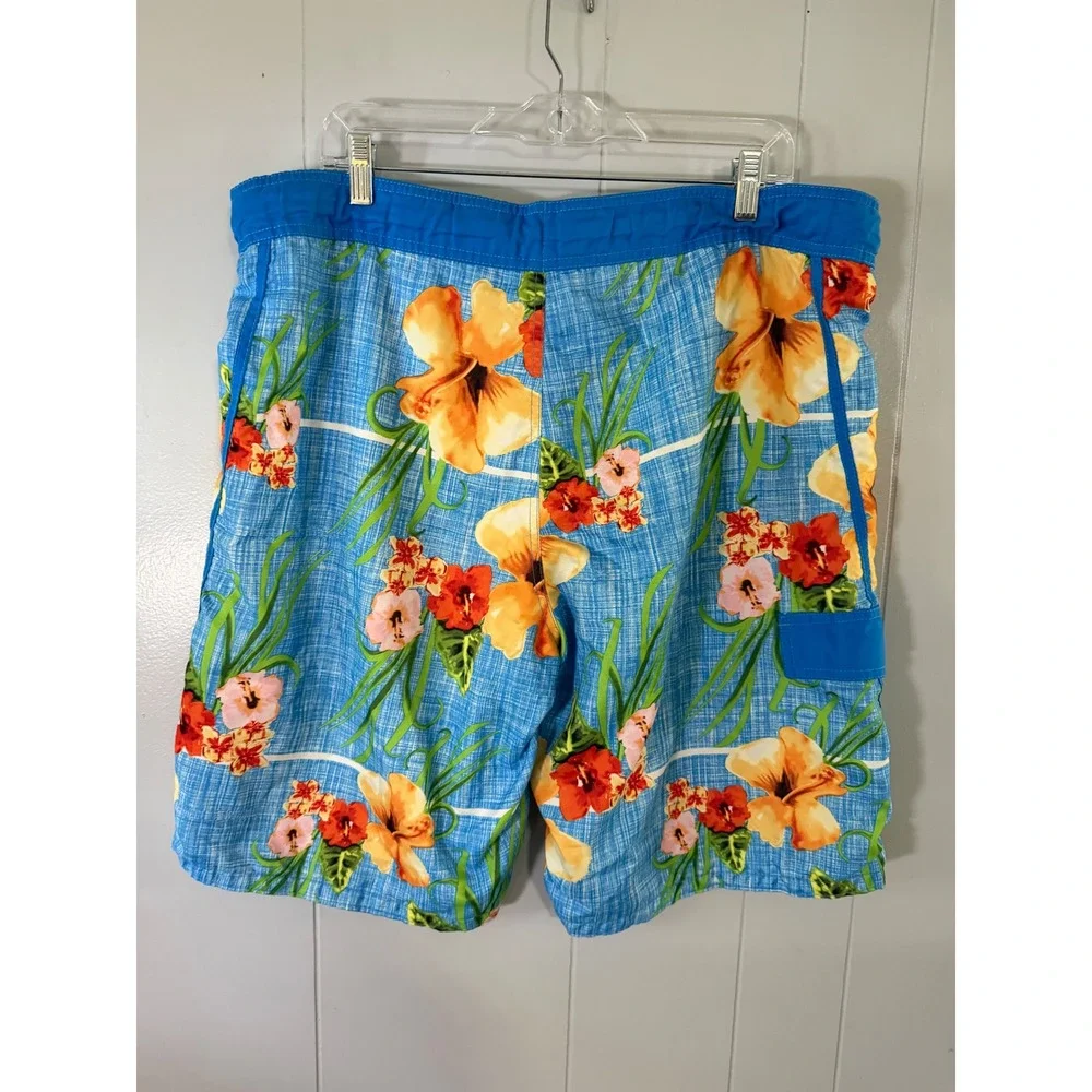 OP Board Shorts Mens L Blue Tropical‎ Hibiscus Floral Mesh Lined Swim Trunks