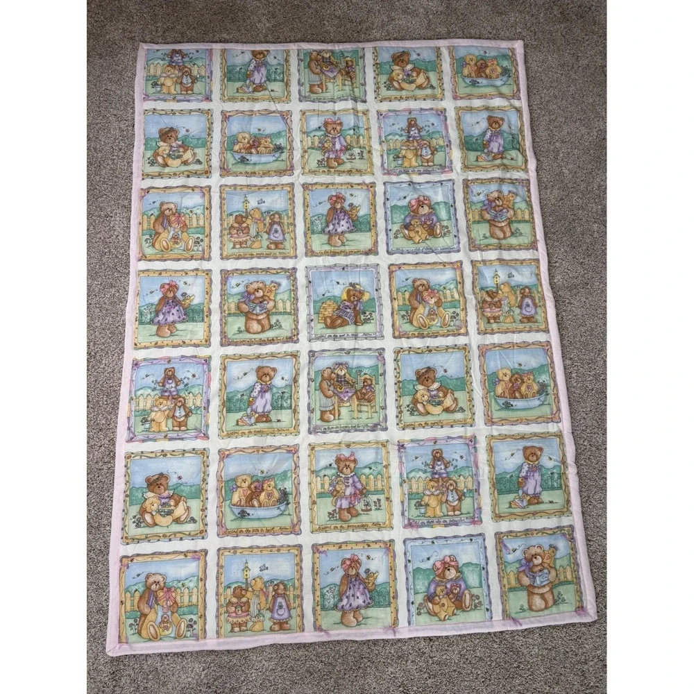 Vtg Teddy Bear Bearitudes Quilt Blanket Pastel Cottagecore Religious 42x58.5