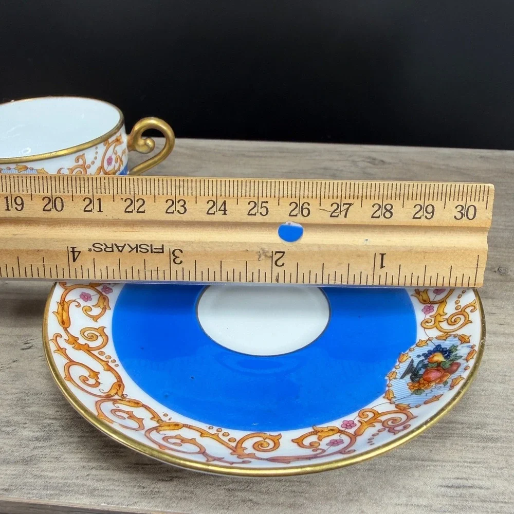 Antique SPM Germany Porcelain Tea Cup Saucer Set Cobalt Blue Gold Fruit Gilt VTG