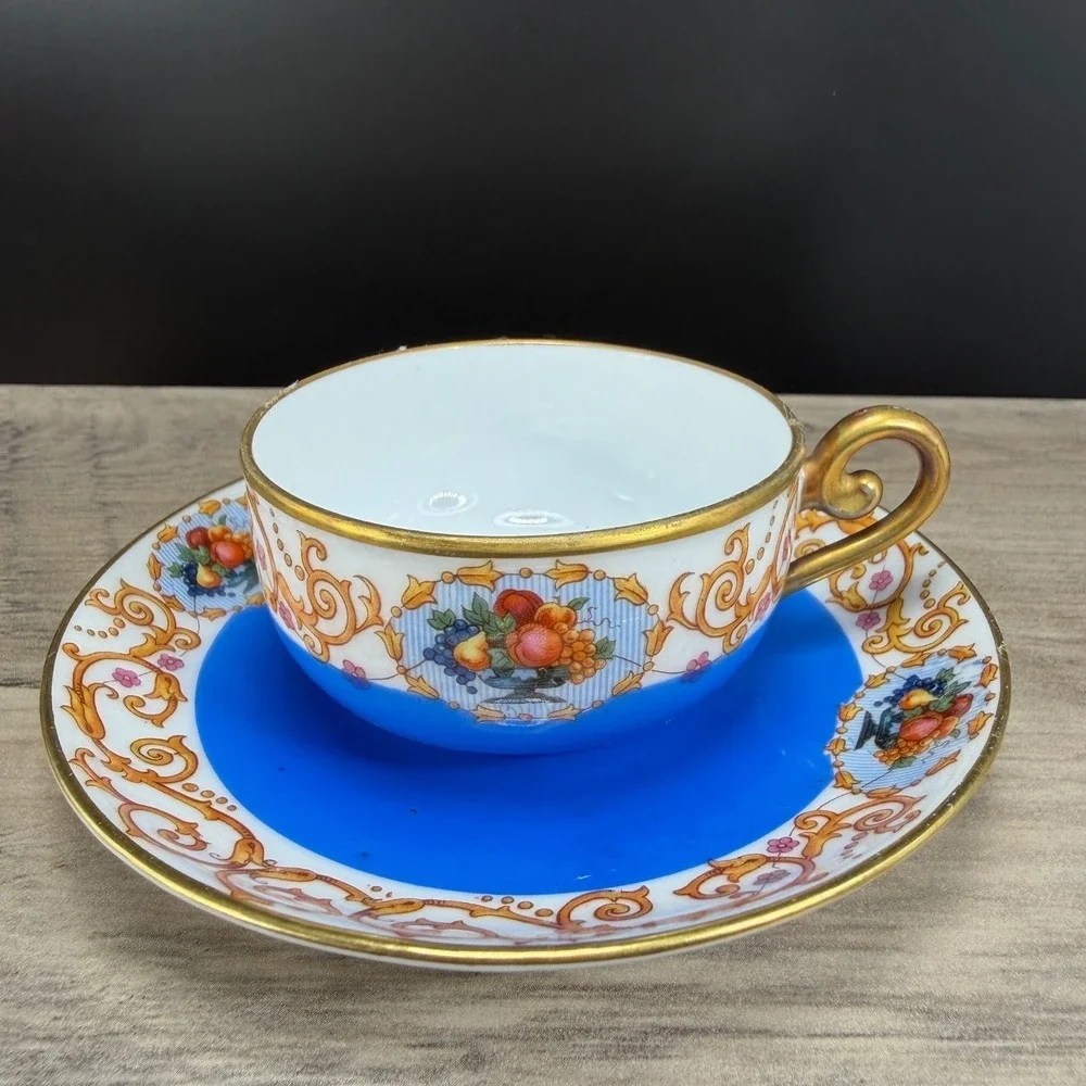 Antique SPM Germany Porcelain Tea Cup Saucer Set Cobalt Blue Gold Fruit Gilt VTG