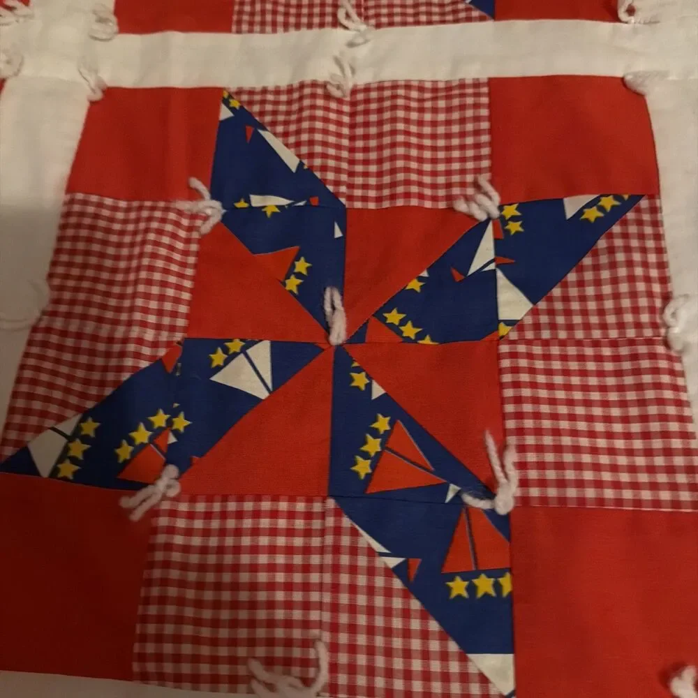 Vintage Estate Handmade Pinwheel Red Blocks Patchwork Quilt 94”x 80”. Beautiful!