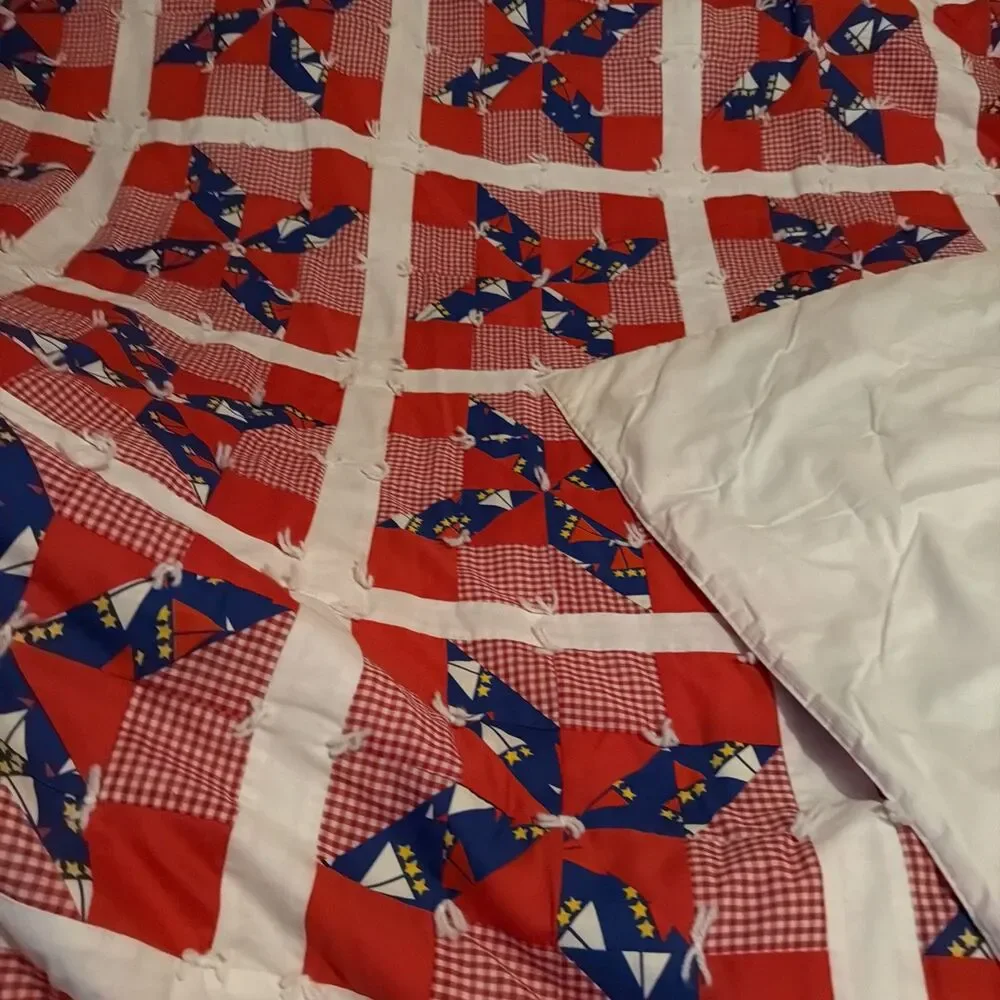 Vintage Estate Handmade Pinwheel Red Blocks Patchwork Quilt 94”x 80”. Beautiful!