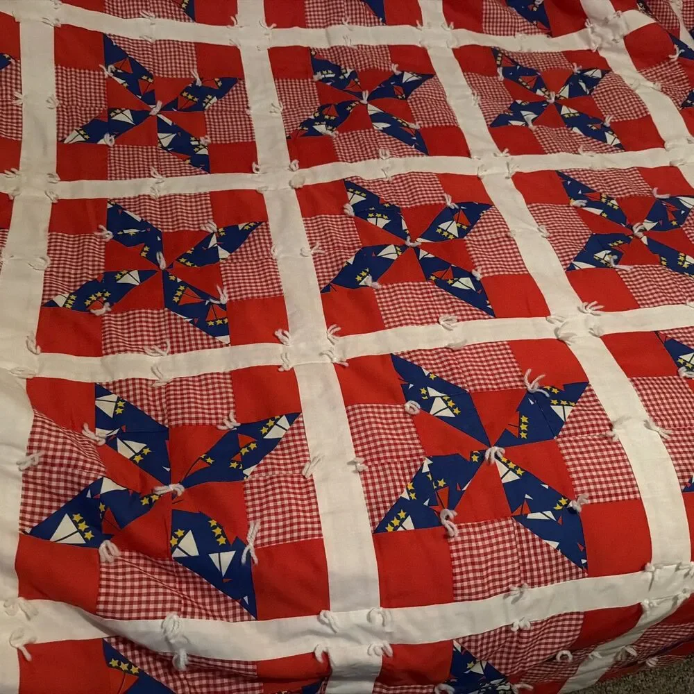 Vintage Estate Handmade Pinwheel Red Blocks Patchwork Quilt 94”x 80”. Beautiful!