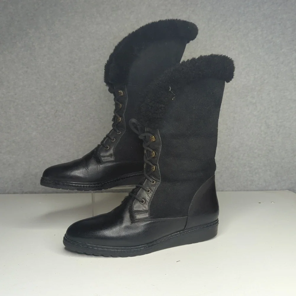 Vintage Italian Black Leather‎ Lace Up Tall Winter Boots Faux Fur Women's 8