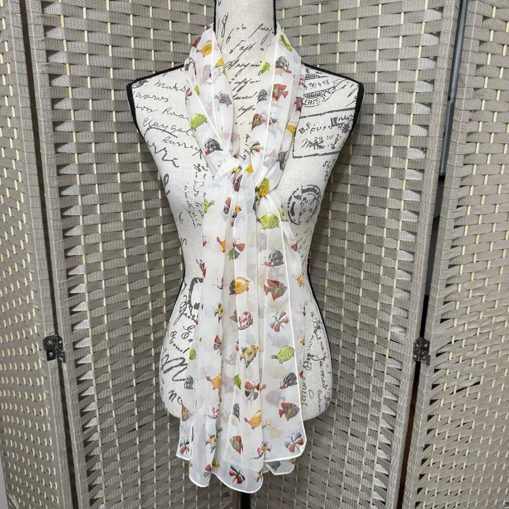 Ann Taylor Long Silk Chiffon Scarf Fish Butterflies Snails Turtles 16”x64”