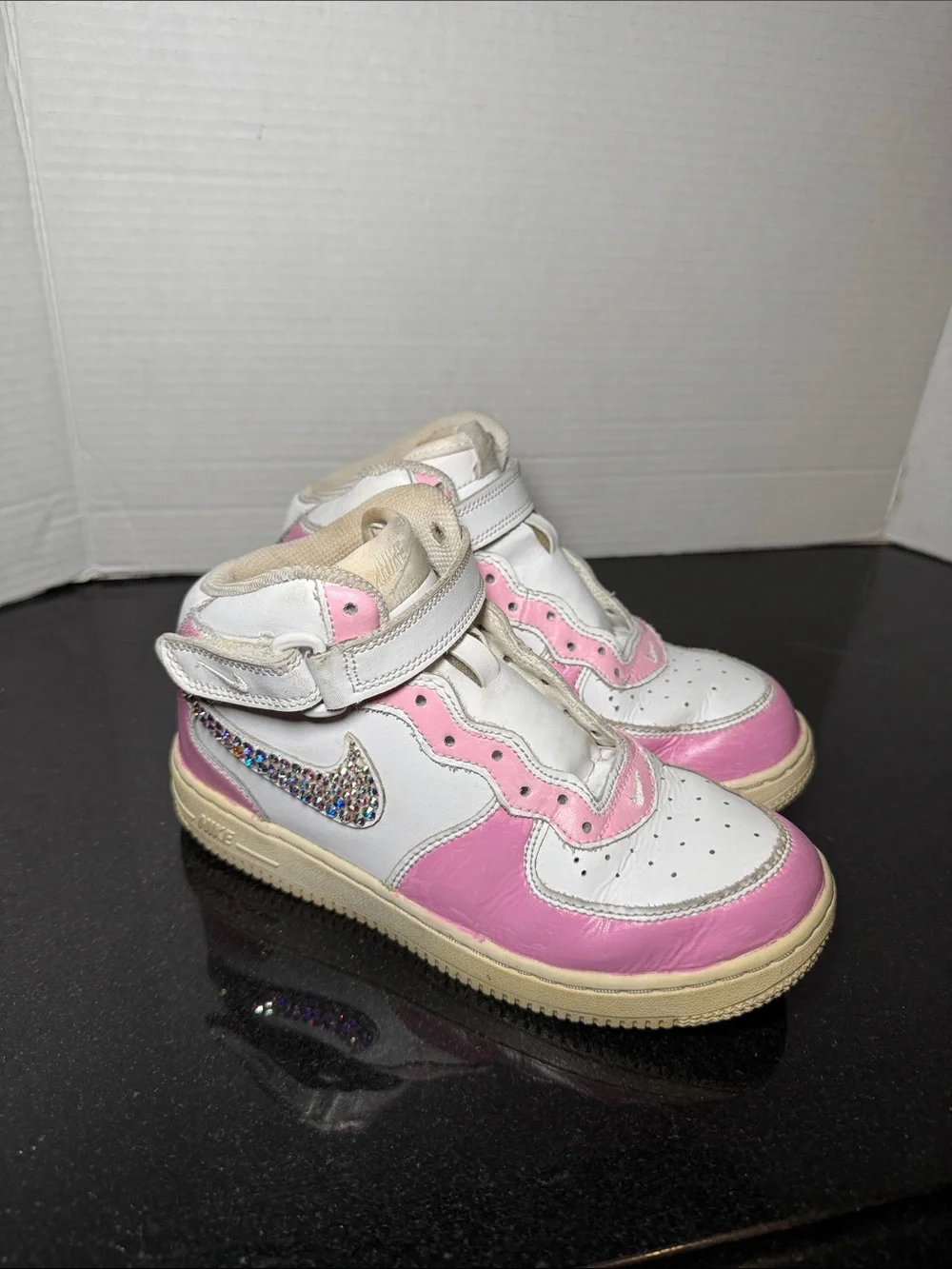 Nike Air Force 1 Mid White Pink Girls Custom Rhinestone Swoosh Sneakers Size 3Y
