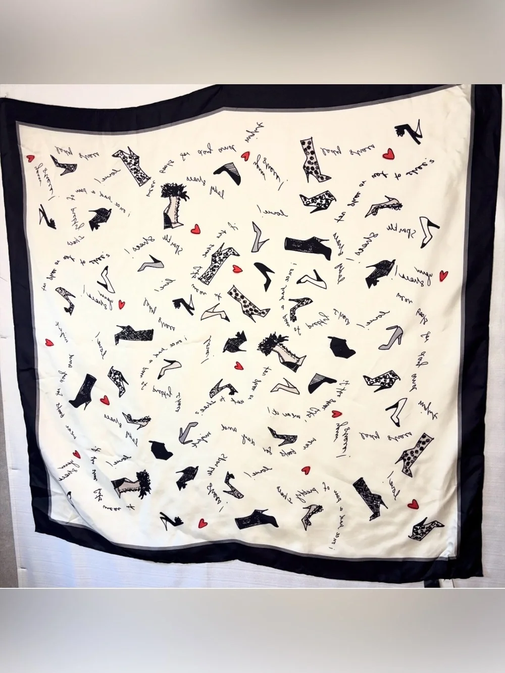 NEW Ann Taylor Shoe Print Silky Satin Square Scarf Black White Red Hearts NWT