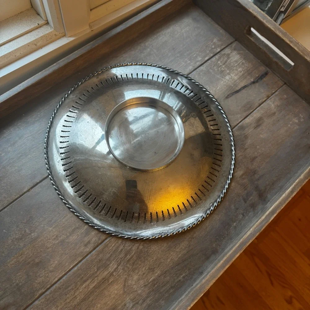 Antique European 540 Silver on Copper Tea Tray Art Nouveau‎ Floral Rope Rim 10.5