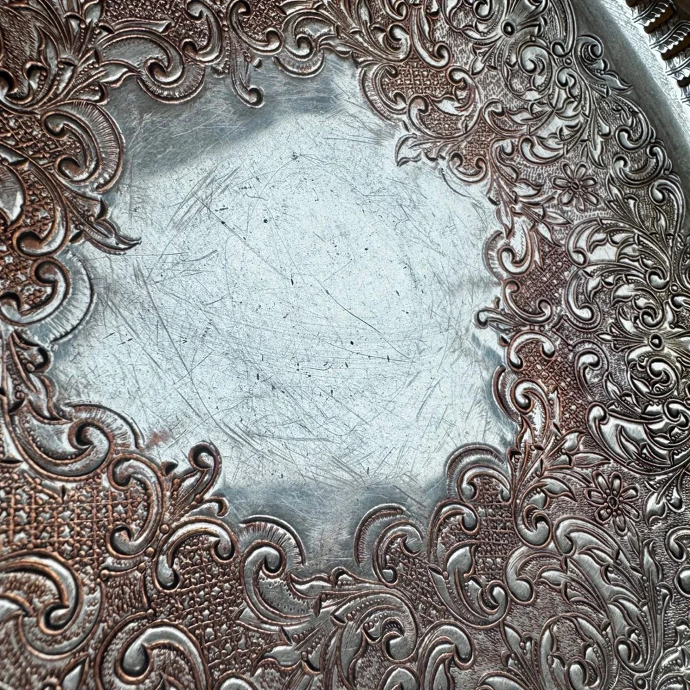 Antique European 540 Silver on Copper Tea Tray Art Nouveau‎ Floral Rope Rim 10.5