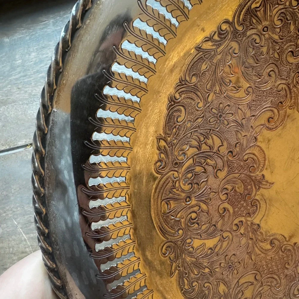 Antique European 540 Silver on Copper Tea Tray Art Nouveau‎ Floral Rope Rim 10.5