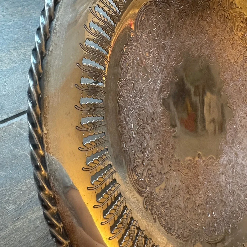 Antique European 540 Silver on Copper Tea Tray Art Nouveau‎ Floral Rope Rim 10.5