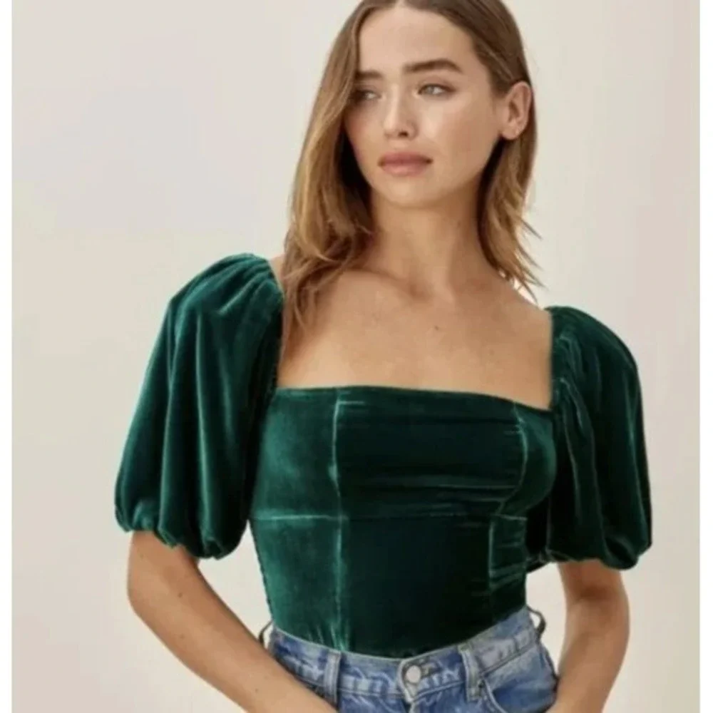 Reformation Luka Velvet Top Emerald Green Women's‎ Size 0 Puff Sleeves Cottage