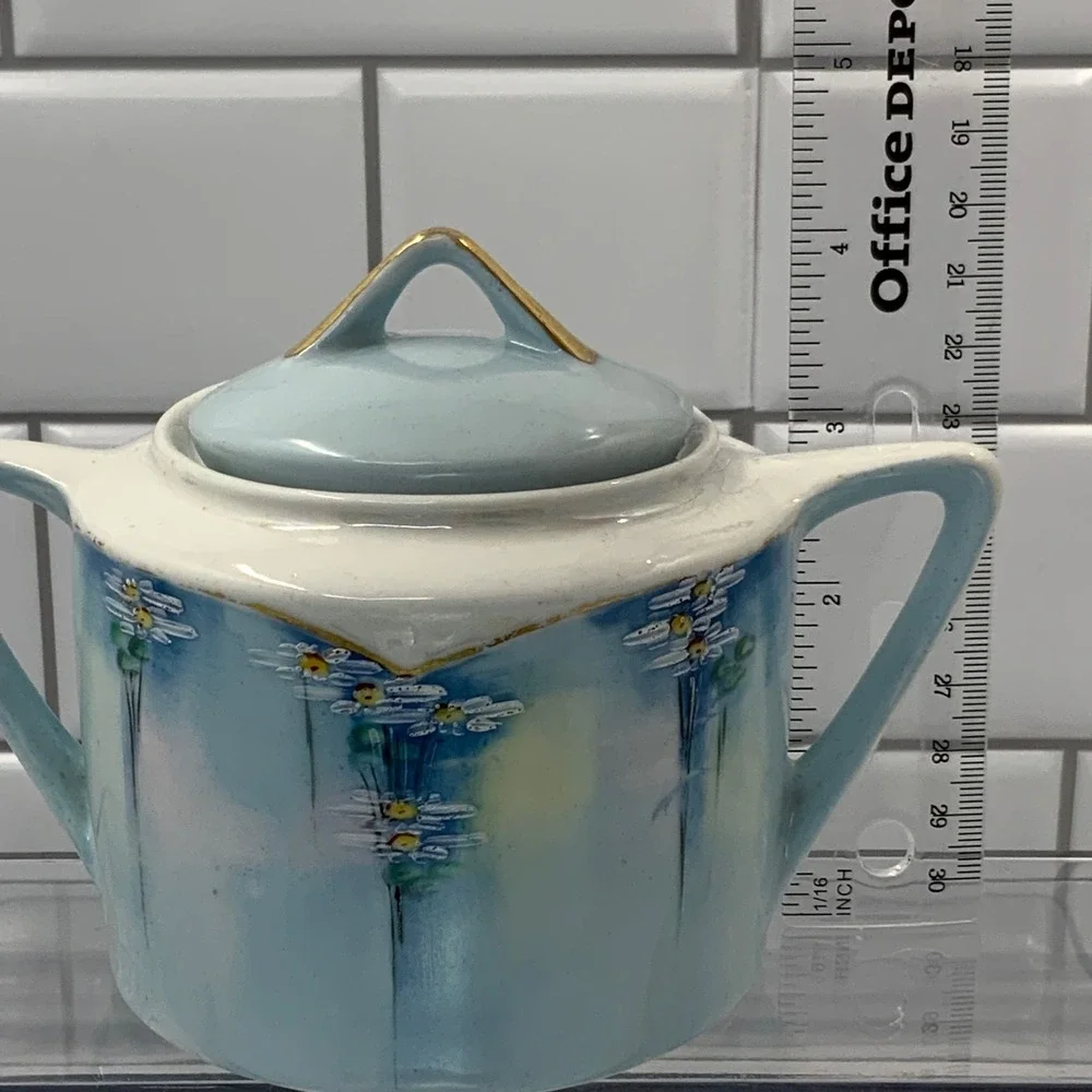 Vintage Bavaria Sugar Bowl Hand Painted Floral Porcelain Blue White