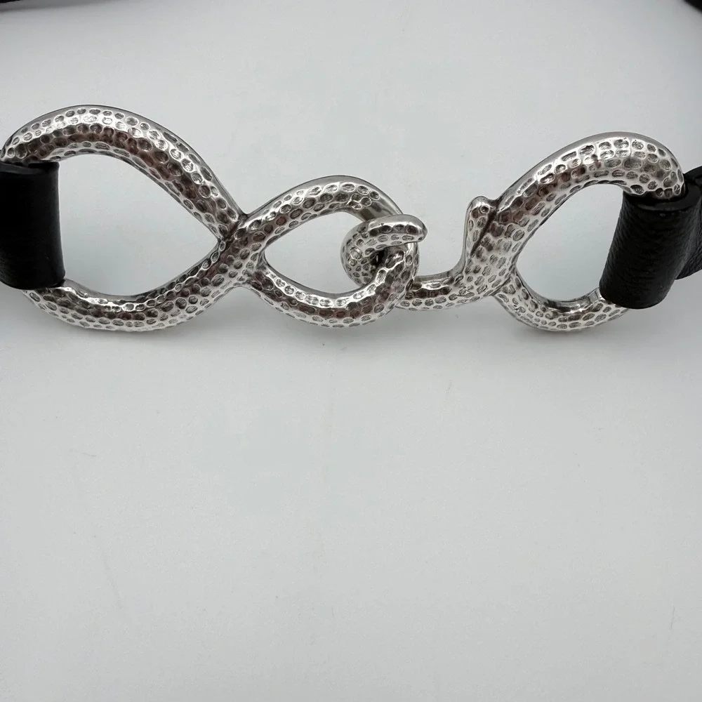Chico's Black Leather Statement‎ Belt Hammered Silver Adjustable M/L
