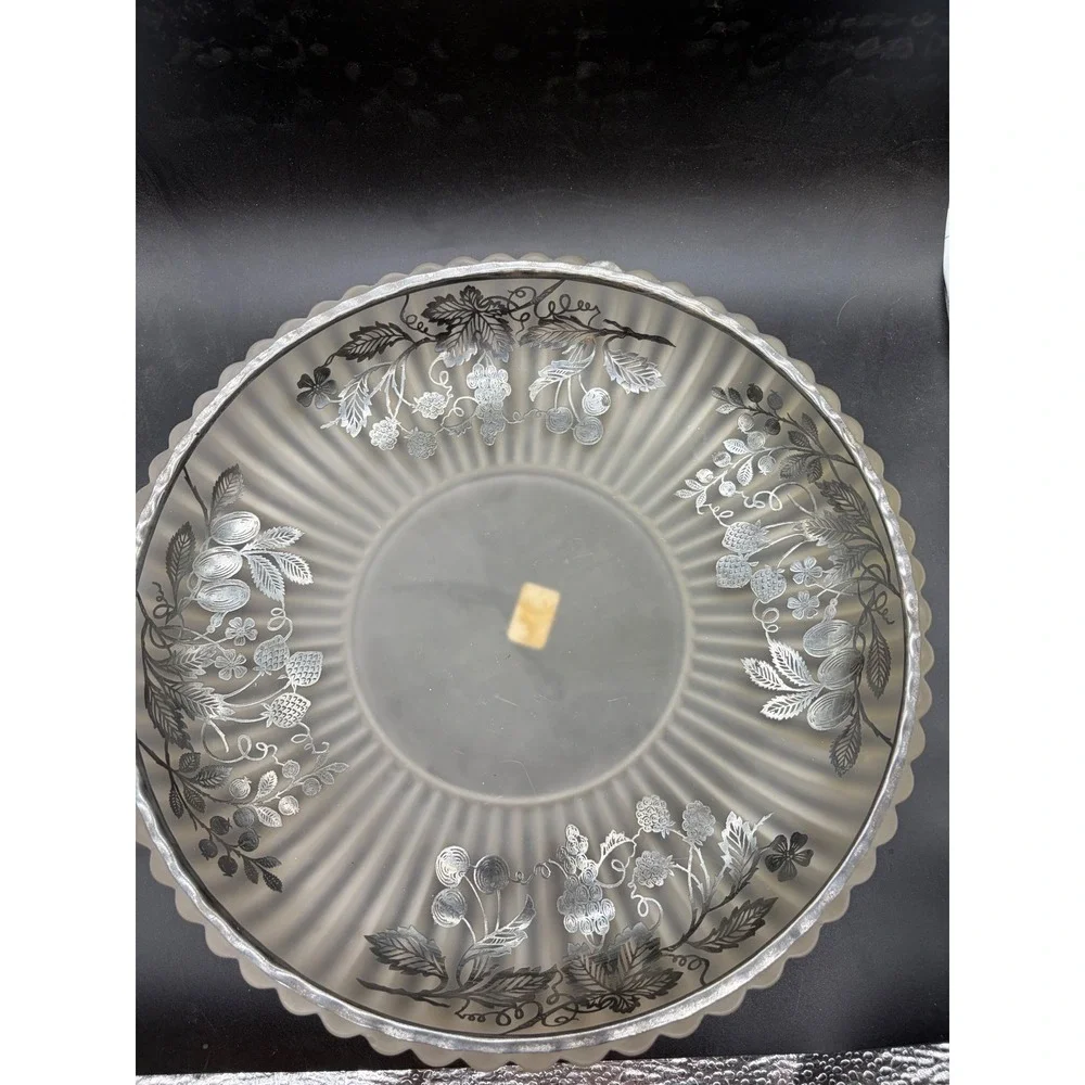 Vintage Frosted Glass‎ Bowl Silver Overlay Berry Vine Scalloped Ribbed Serving