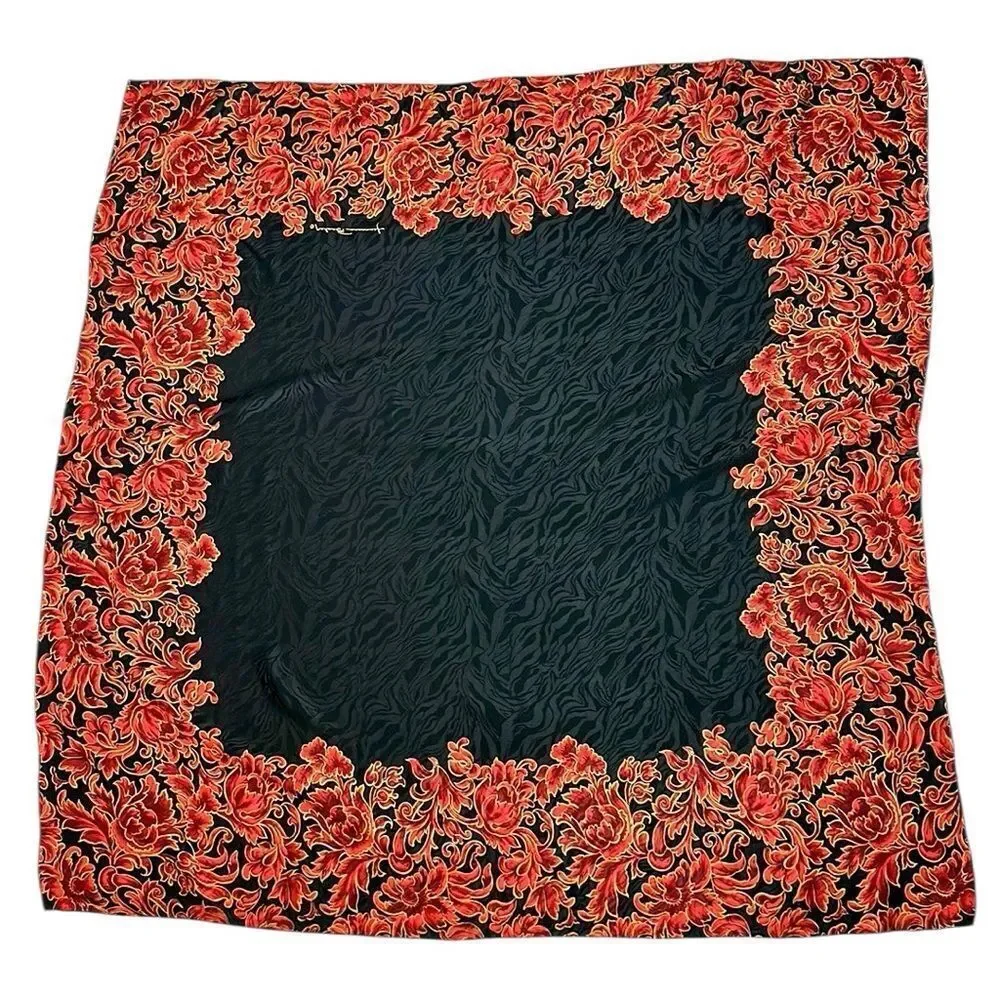 Jeannene Booher Silk Jacquard Scarf Black Red Gold Paisley Floral Hand Rolled