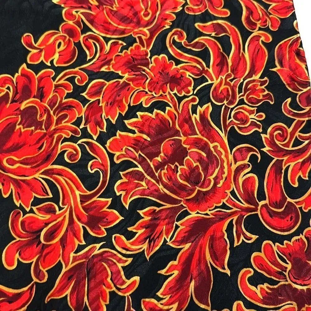 Jeannene Booher Silk Jacquard Scarf Black Red Gold Paisley Floral Hand Rolled