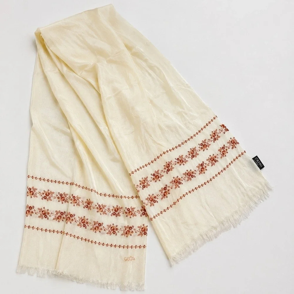 Vintage Casa Japan Silk Wool Floral Scarf Cream Ivory Romantic Boho Fringe‎