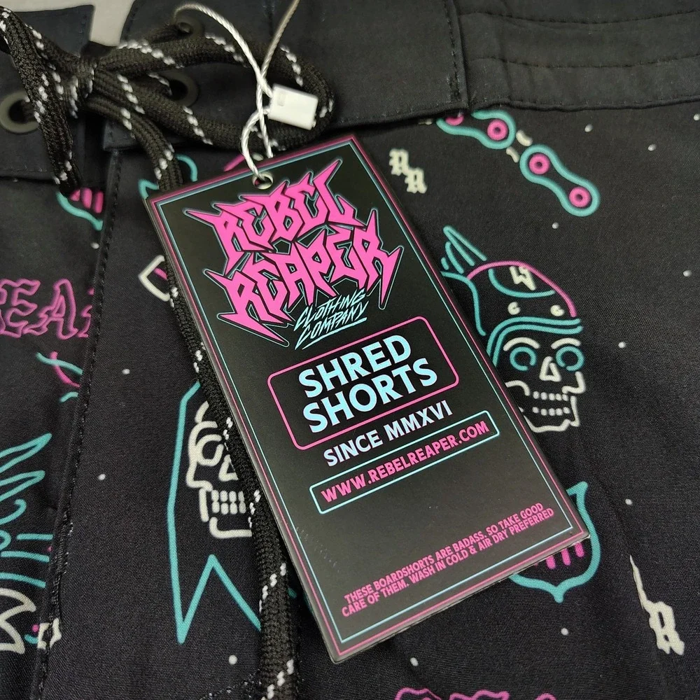 Rebel Reaper‎ Board Shorts Men Small Black Swim Trunks Tattoo Biker Pockets NWT