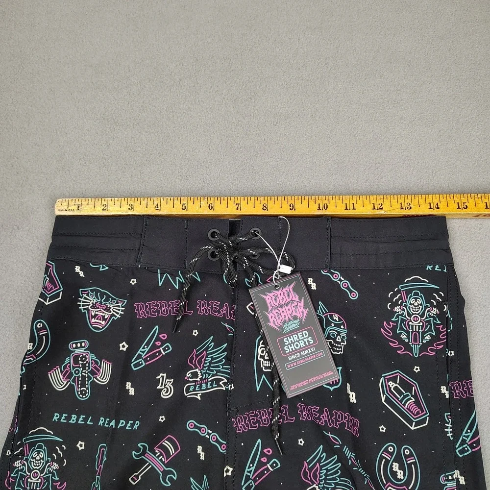 Rebel Reaper‎ Board Shorts Men Small Black Swim Trunks Tattoo Biker Pockets NWT