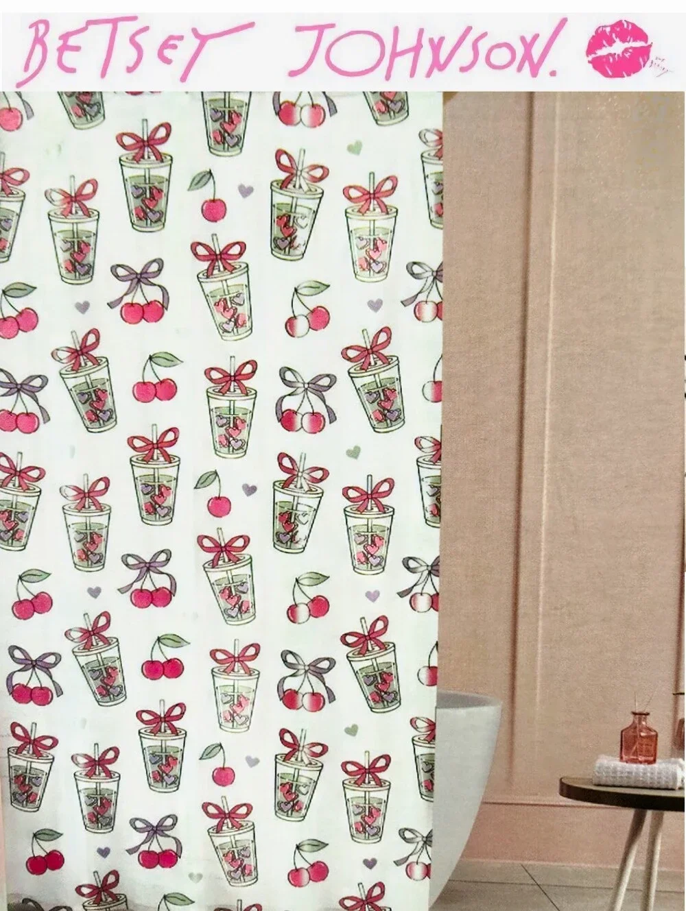 Betsey Johnson Matcha & Cherry Print PEVA Shower Curtain Liner