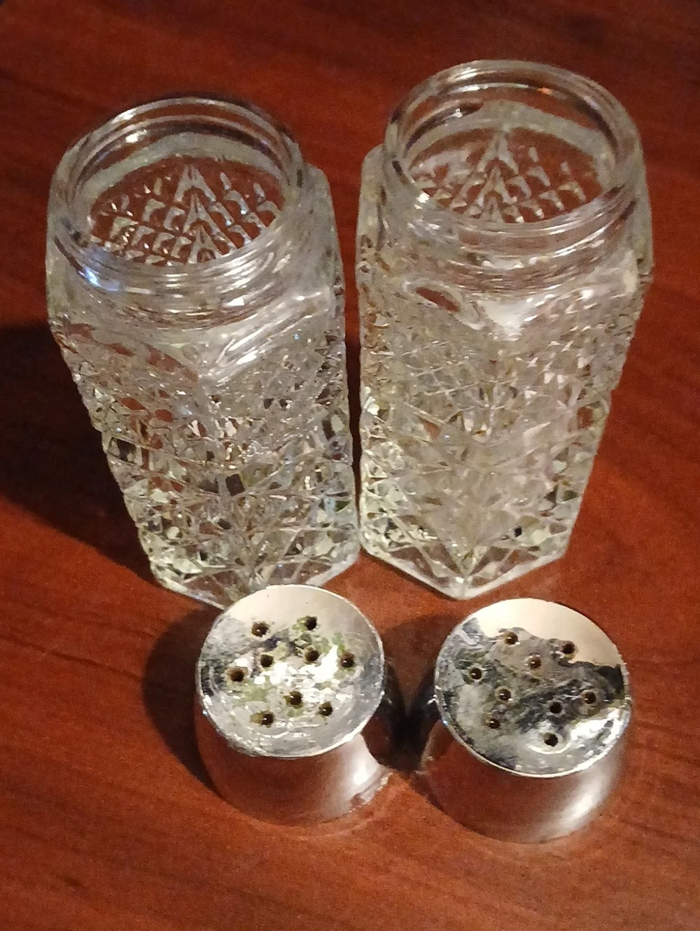 Cut Glass Salt and Pepper Shakers with Silver-Tone Lids