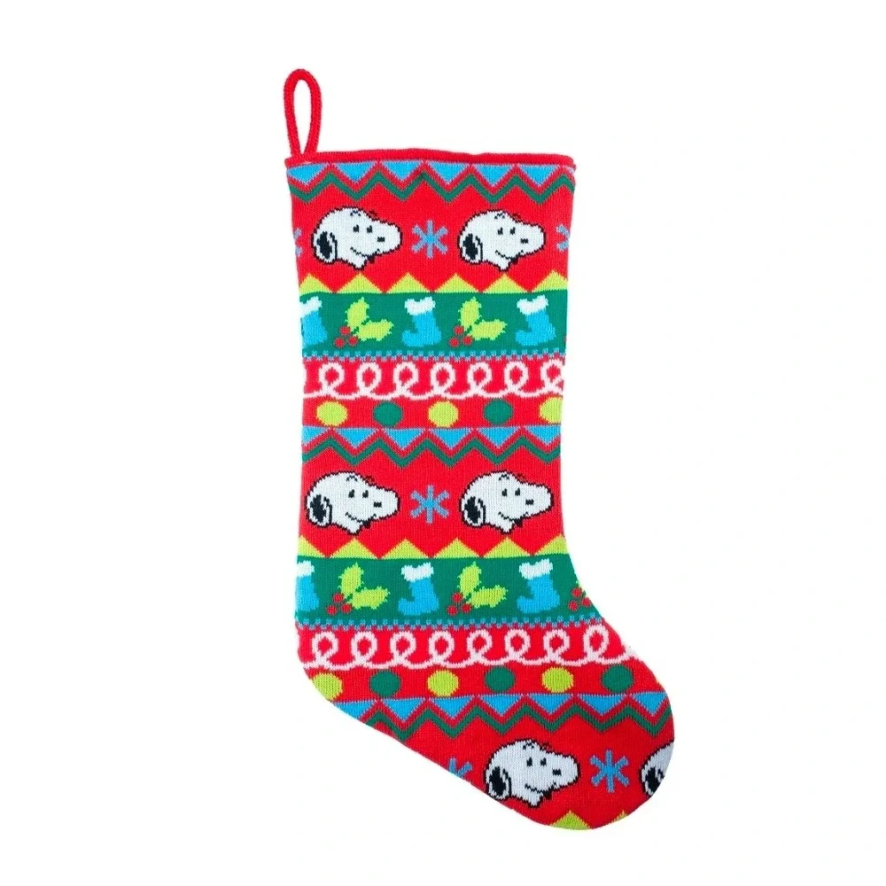 Peanuts Snoopy Christmas Stocking Red Green‎ Holiday Knit Festive Gift