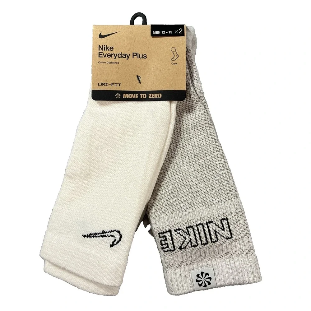 New 2pack Men's Nike Everyday Plus Undyed Cushioned Crew Socks 12-15 White/Wheat