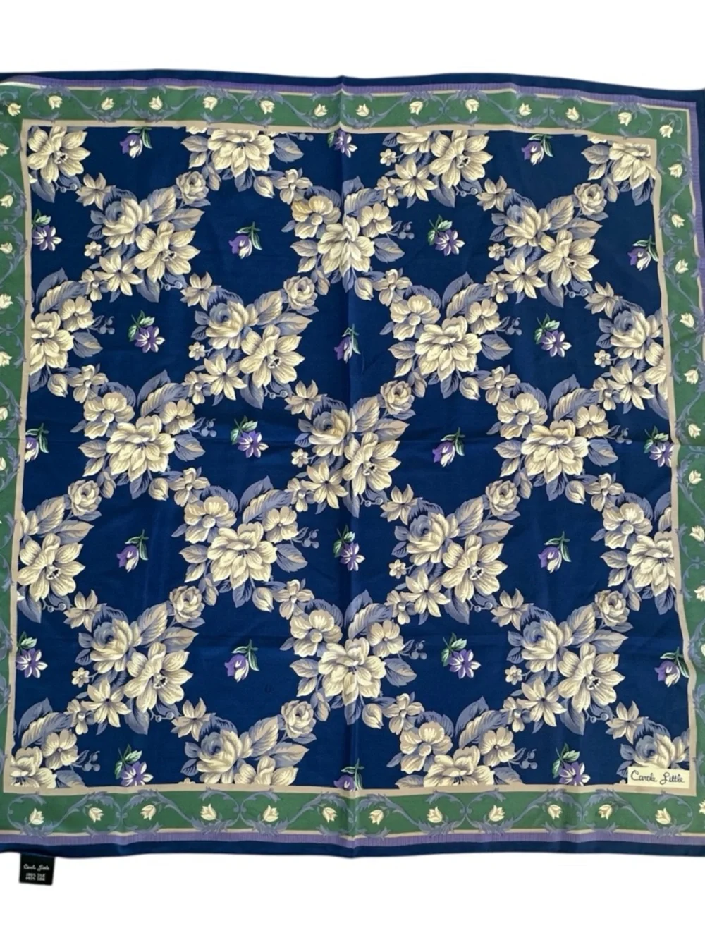 Carole Little Navy, Cream & Lavender Floral 100% Silk Scarf 30”‎ Square
