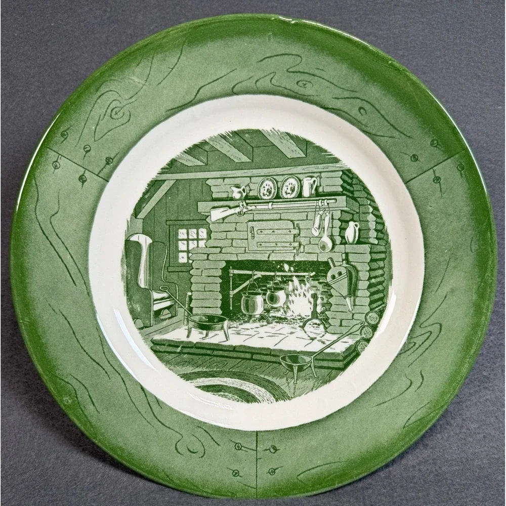 Royal China‎ Colonial Homestead Green Transferware Dinner Plates Set of 2 USA