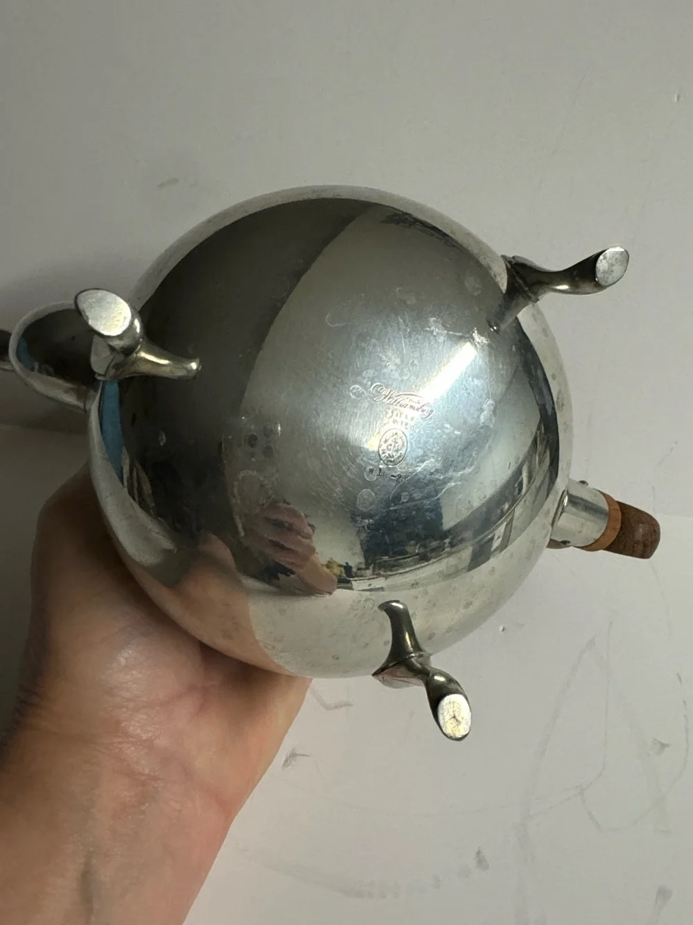 1960s Williamsburg Restoration Pewter Teapot by Kirk Stieff with Wood Handle