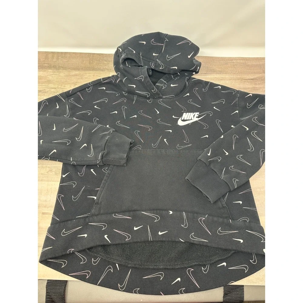 Nike Girl's Pullover Hoodie All Over Print Logo Swoosh‎ Black & White Medium