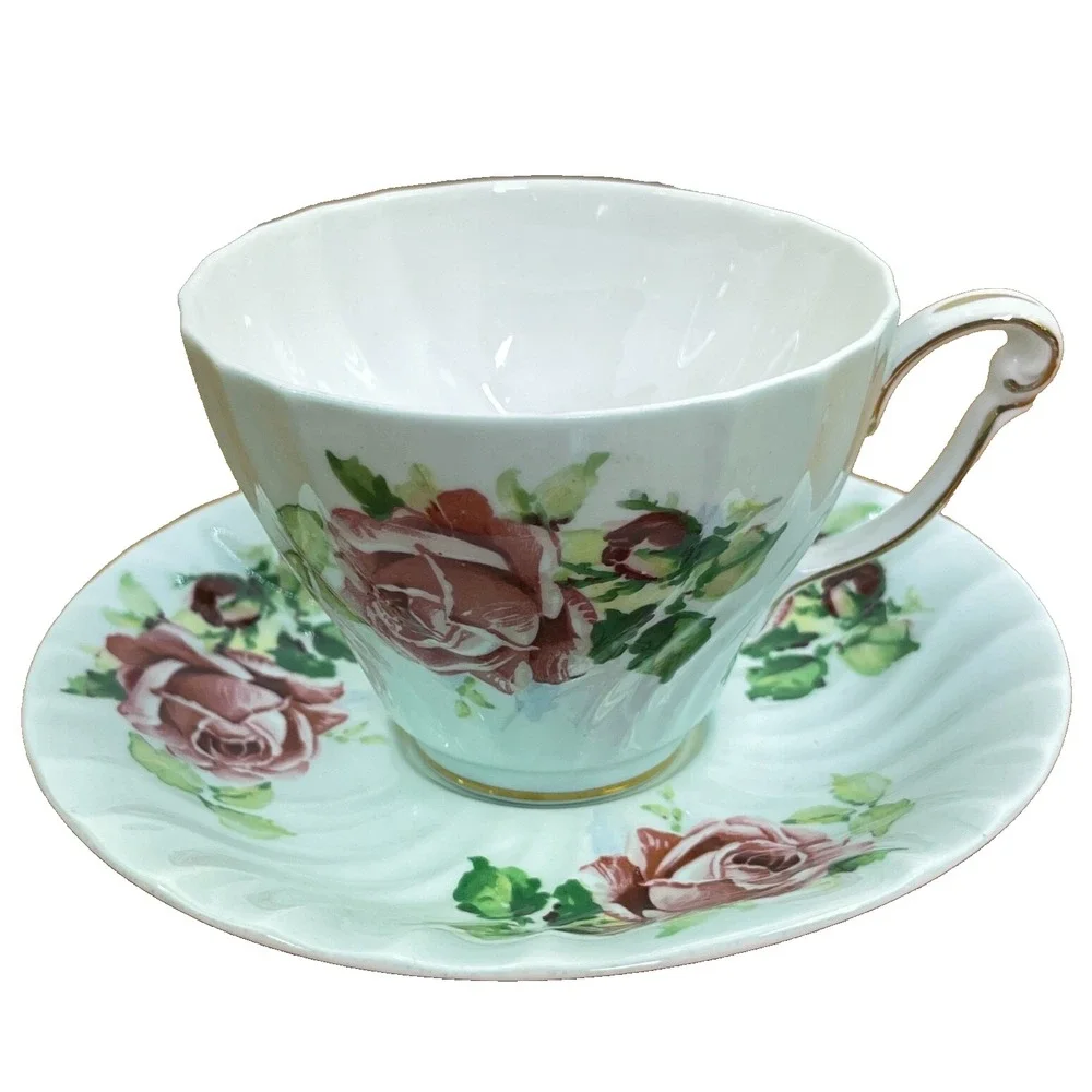 Vintage Queen Anne Tea Cup & Saucer Set Pastel Green w‎ Pink Roses Numbered