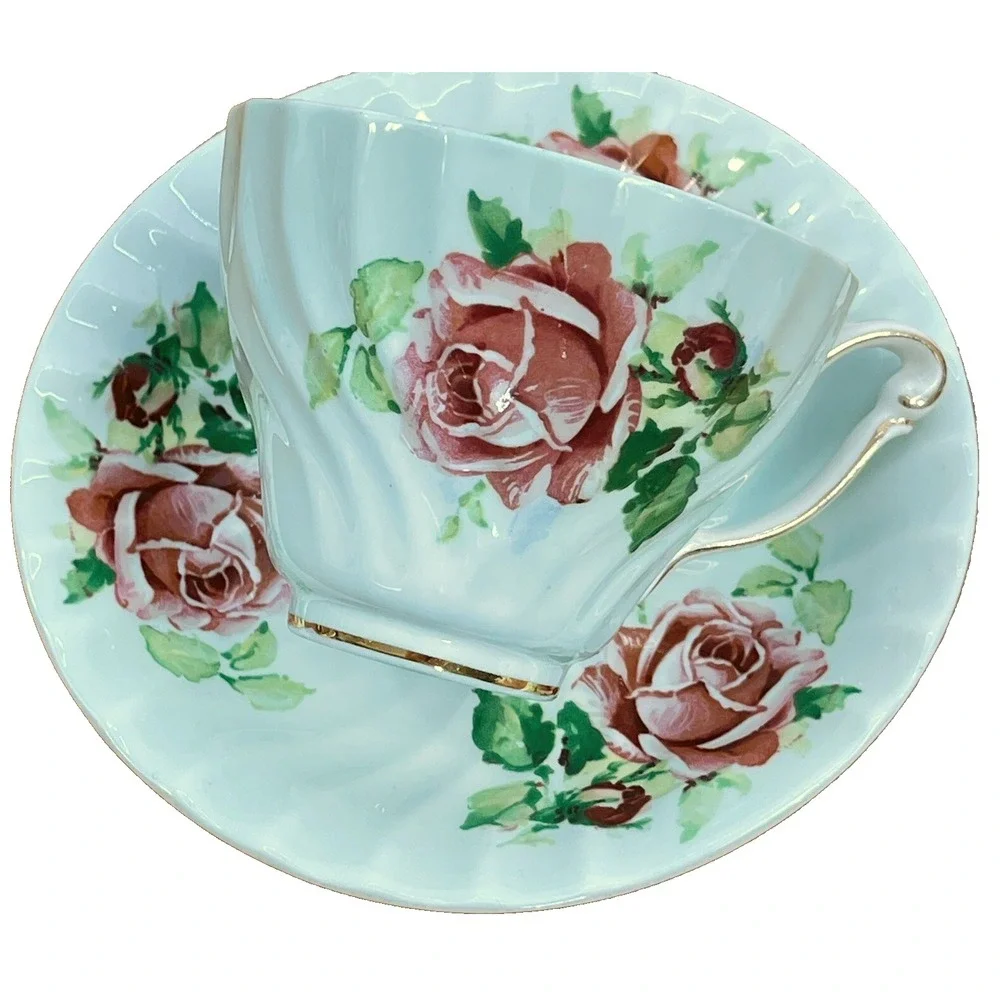 Vintage Queen Anne Tea Cup & Saucer Set Pastel Green w‎ Pink Roses Numbered