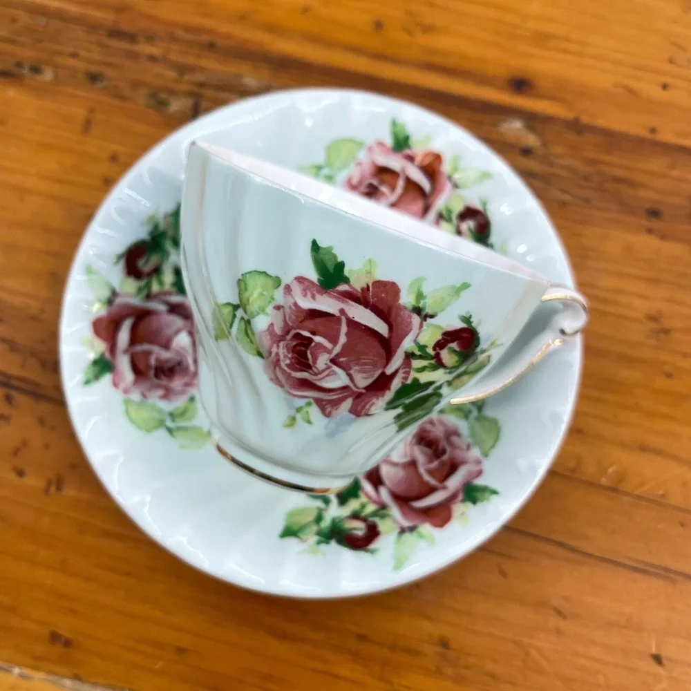 Vintage Queen Anne Tea Cup & Saucer Set Pastel Green w‎ Pink Roses Numbered