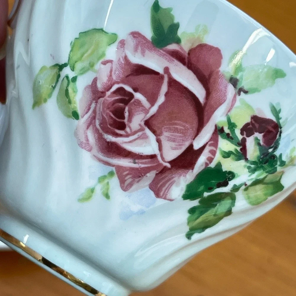 Vintage Queen Anne Tea Cup & Saucer Set Pastel Green w‎ Pink Roses Numbered