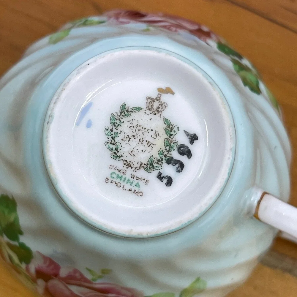 Vintage Queen Anne Tea Cup & Saucer Set Pastel Green w‎ Pink Roses Numbered