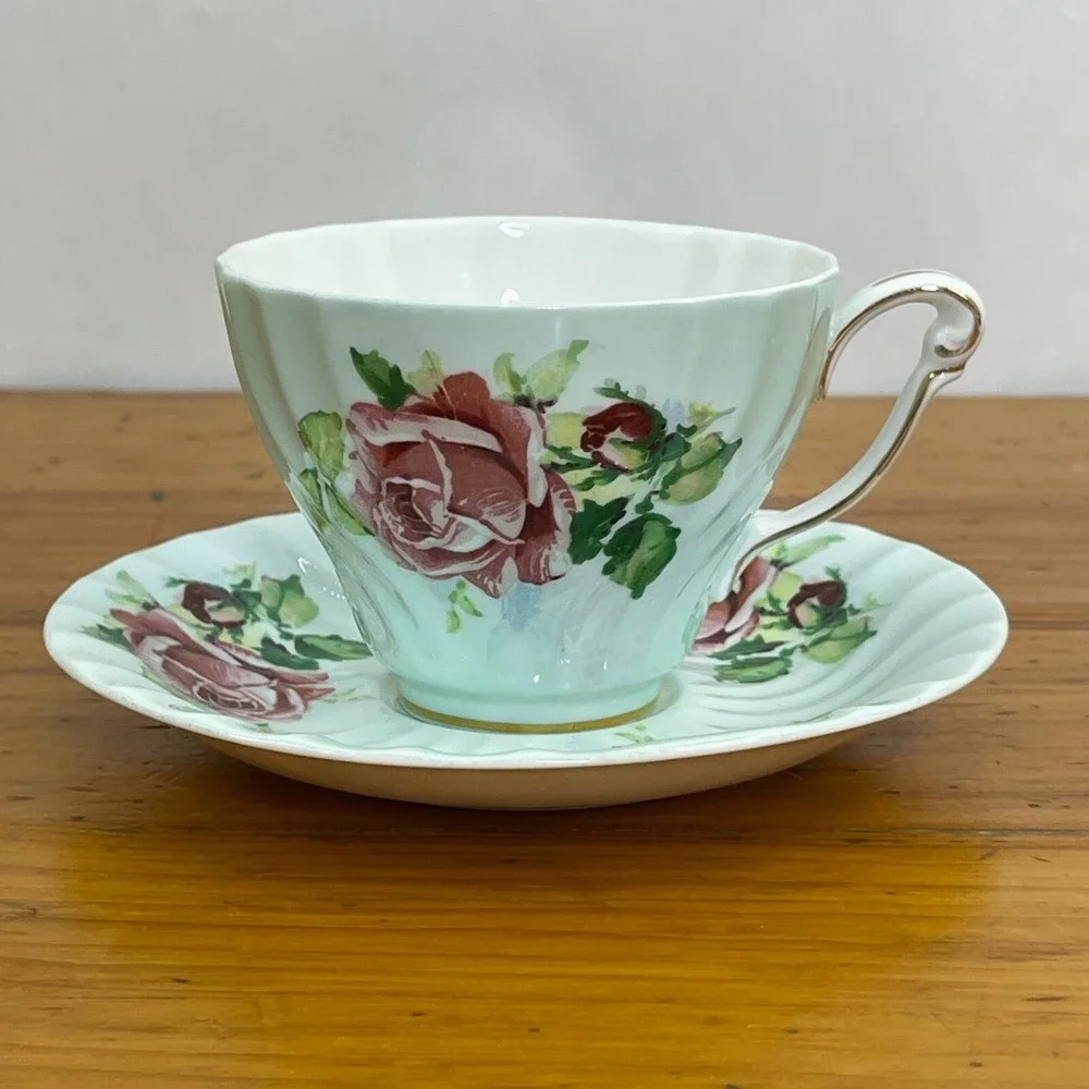 Vintage Queen Anne Tea Cup & Saucer Set Pastel Green w‎ Pink Roses Numbered