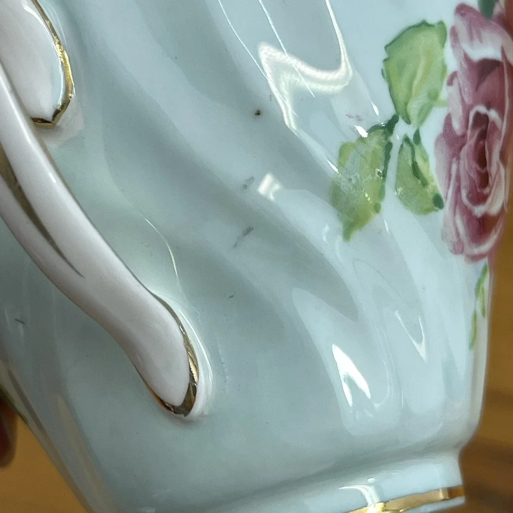 Vintage Queen Anne Tea Cup & Saucer Set Pastel Green w‎ Pink Roses Numbered