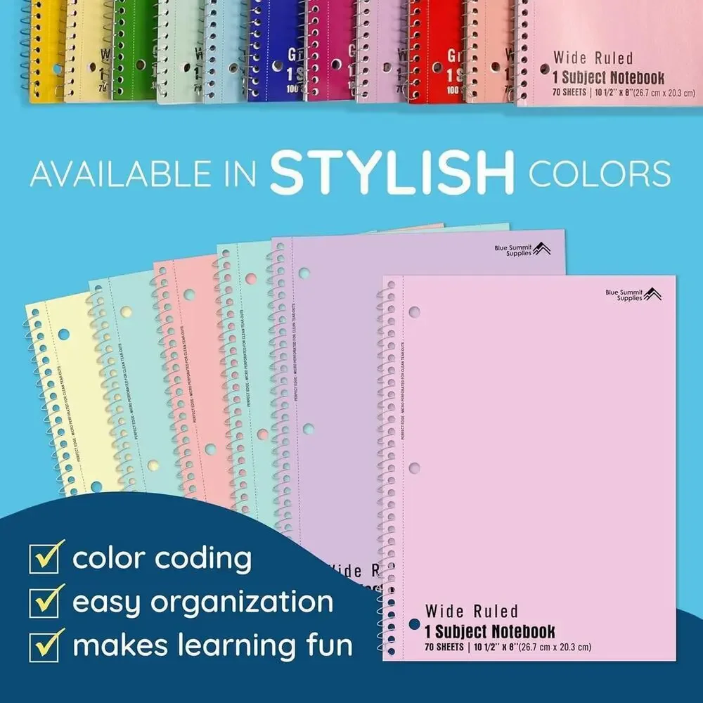 Blue Summit Pastel Spiral Notebooks, 1 Subject Pastel Notebooks Wide Ruled, P...