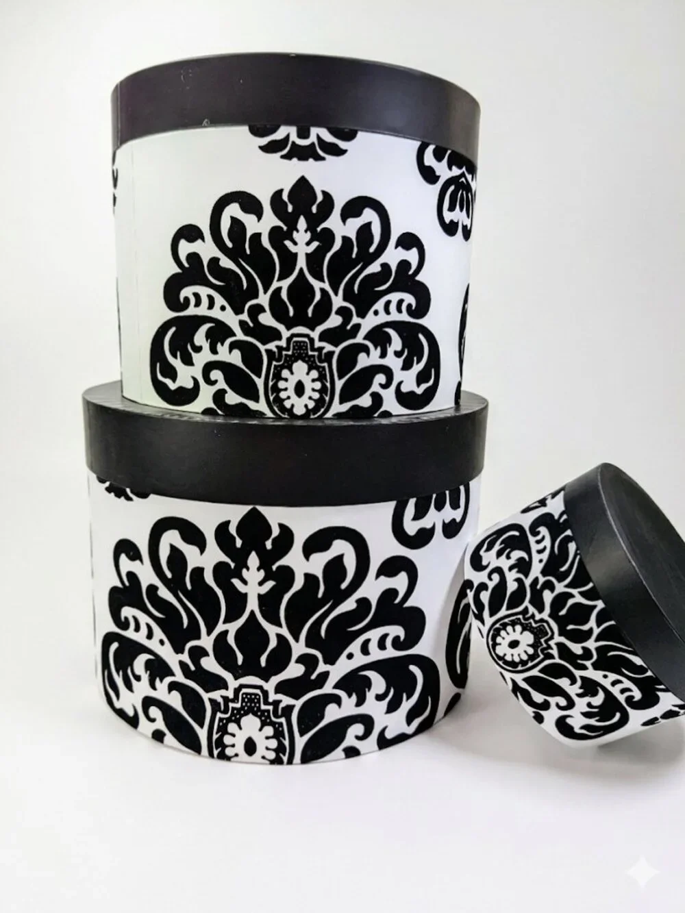 Set of 3 Vintage Flocked Damask Hat Boxes Black & White Round Nesting Storage