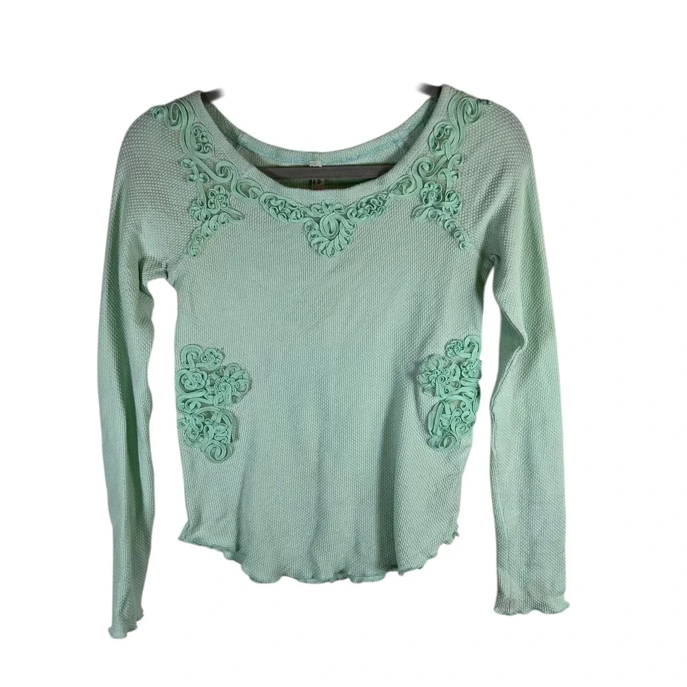 Free People Mint Green Thermal Waffle Knit Soutache Applique Top‎ Medium Boho