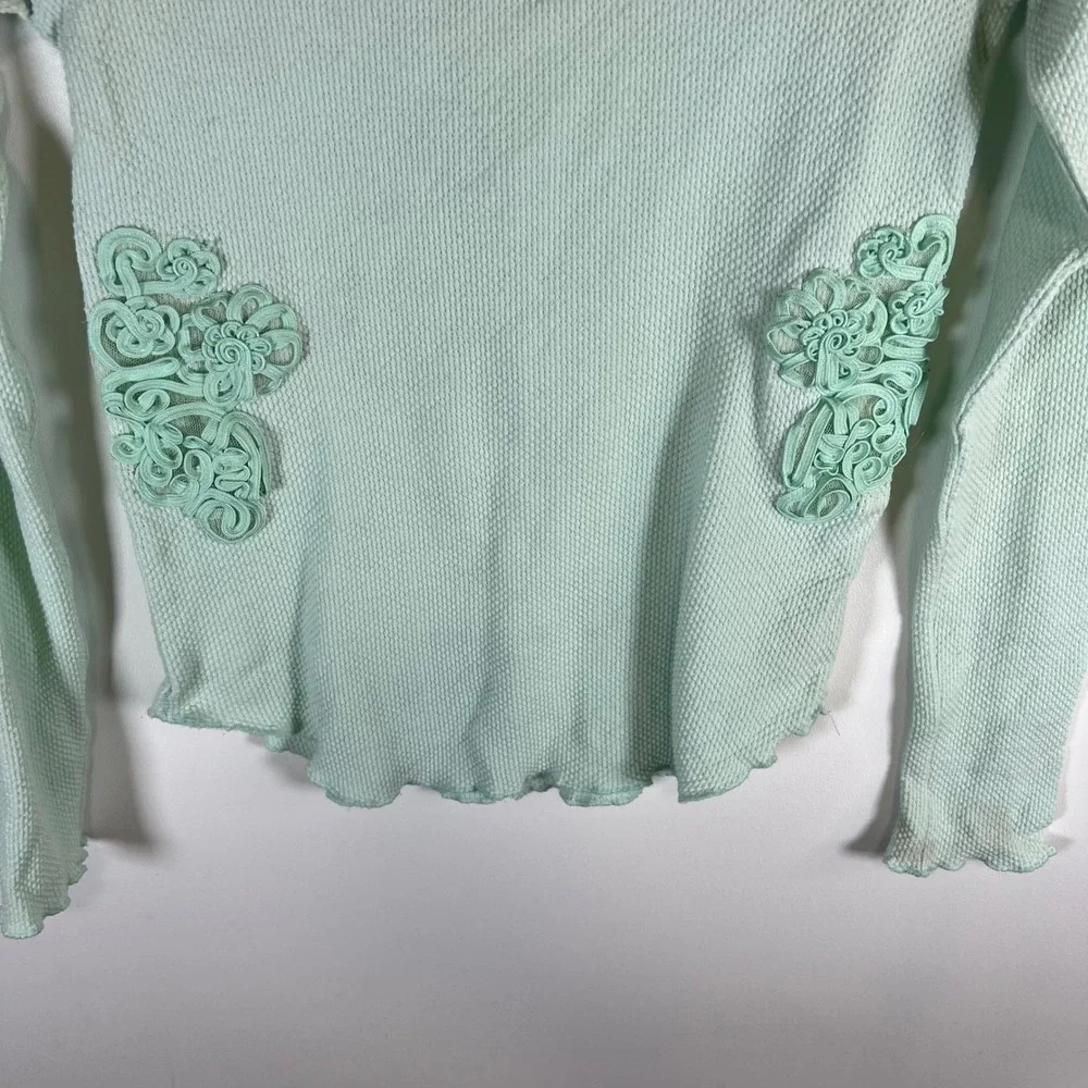 Free People Mint Green Thermal Waffle Knit Soutache Applique Top‎ Medium Boho