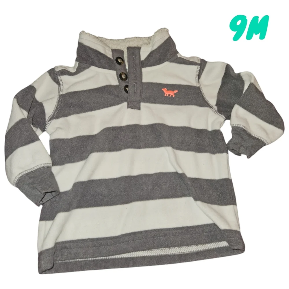 Carter Infant 9m Striped Pull Over Sweater Fleece Fox Button Fall Winter Gray