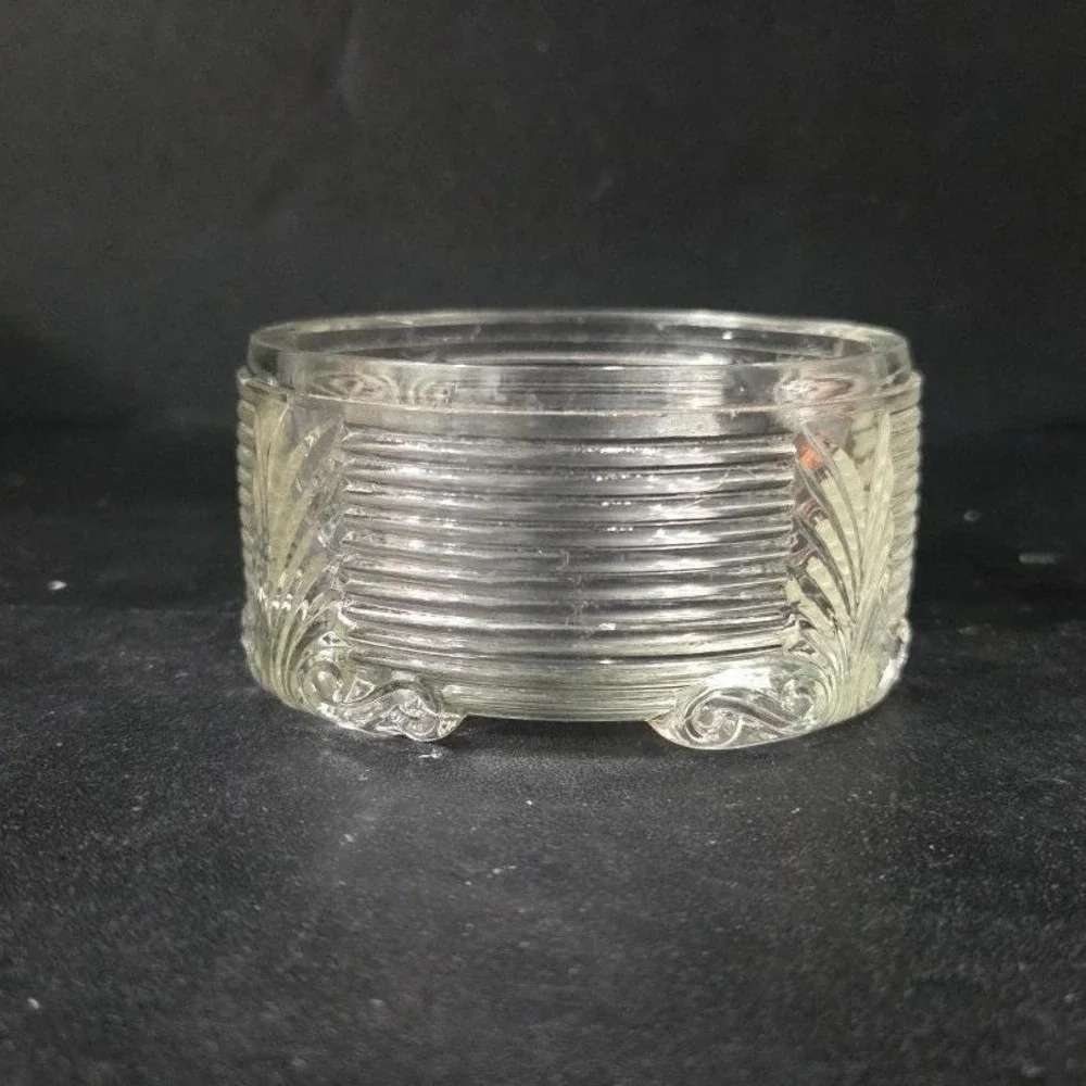 Art Deco Ribbed Glass Powder‎ Dish, Palm Frond Design, Vintage Vanity Decor